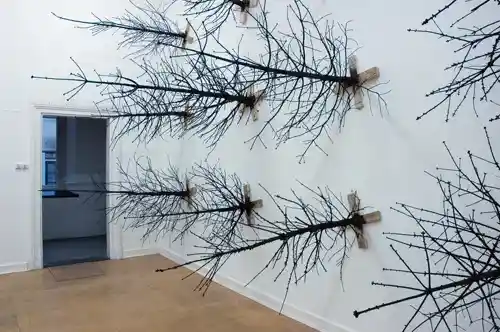 Burnt Christmas trees mounted horizontally on a gallery wall, creating a dramatic perspective.