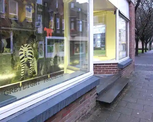 Close-up of a shop window display featuring zebras and animal imagery, reflecting the street view.